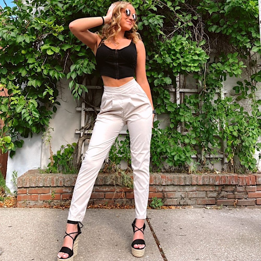 Stylish Cream Asymmetrical Waist Fold Pleated Women's Pants